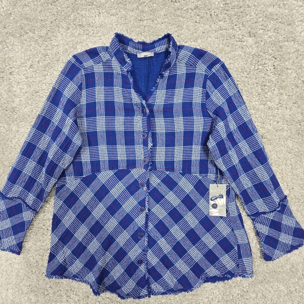 Habitat Plaid Button Down Shirt Womens Size S Blue Fringed Trim Lagenlook Beach